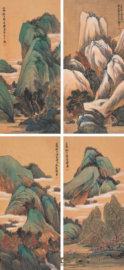 陈莲涛 壬戌（1982年）作 四季山水图 四屏 90×41cm×4